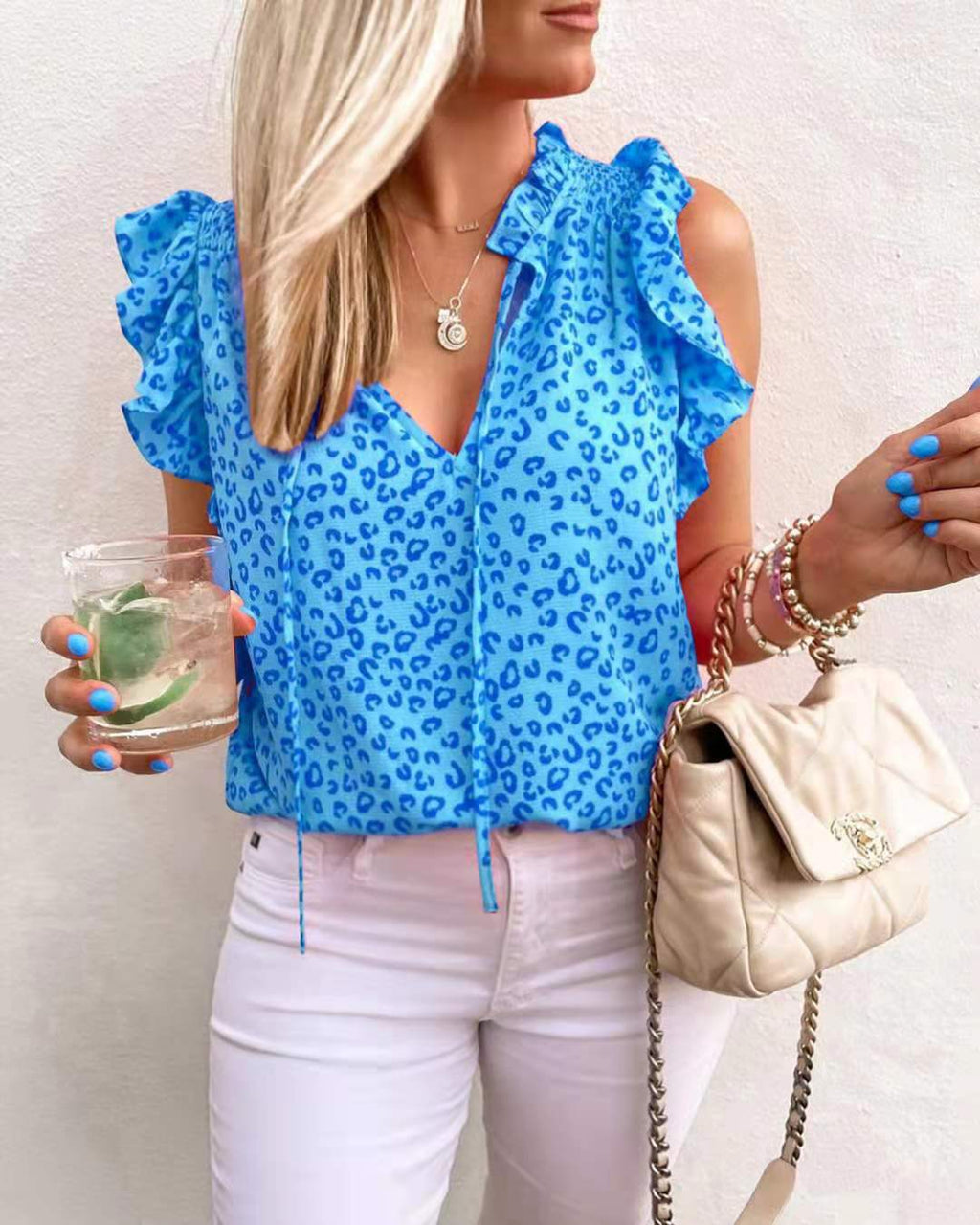 Gilet T-shirt à manches courtes imprimé léopard avec col en V pour femme