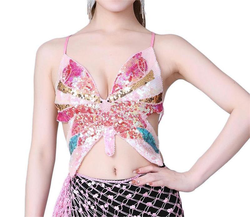 Top de spectacle à paillettes, haut de danse du ventre à paillettes, soutien-gorge papillon à paillettes, haut de discothèque DS, top papillon à paillettes pour scène