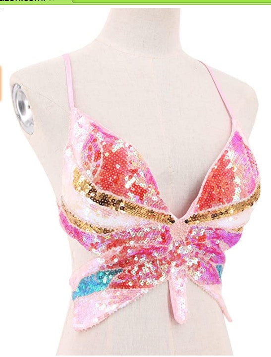 Top de spectacle à paillettes, haut de danse du ventre à paillettes, soutien-gorge papillon à paillettes, haut de discothèque DS, top papillon à paillettes pour scène