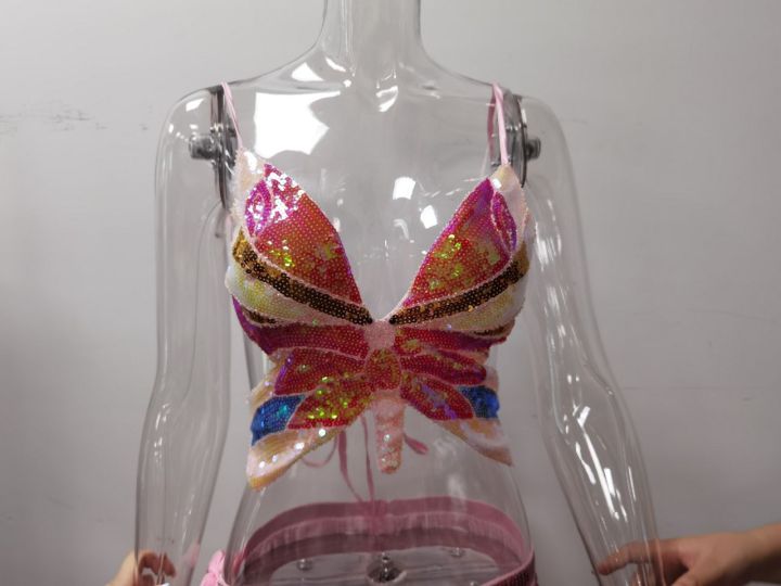 Top de spectacle à paillettes, haut de danse du ventre à paillettes, soutien-gorge papillon à paillettes, haut de discothèque DS, top papillon à paillettes pour scène