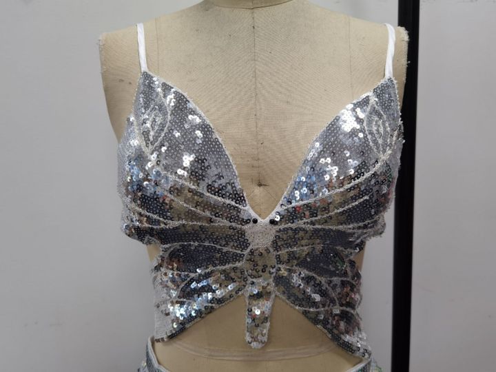 Top de spectacle à paillettes, haut de danse du ventre à paillettes, soutien-gorge papillon à paillettes, haut de discothèque DS, top papillon à paillettes pour scène