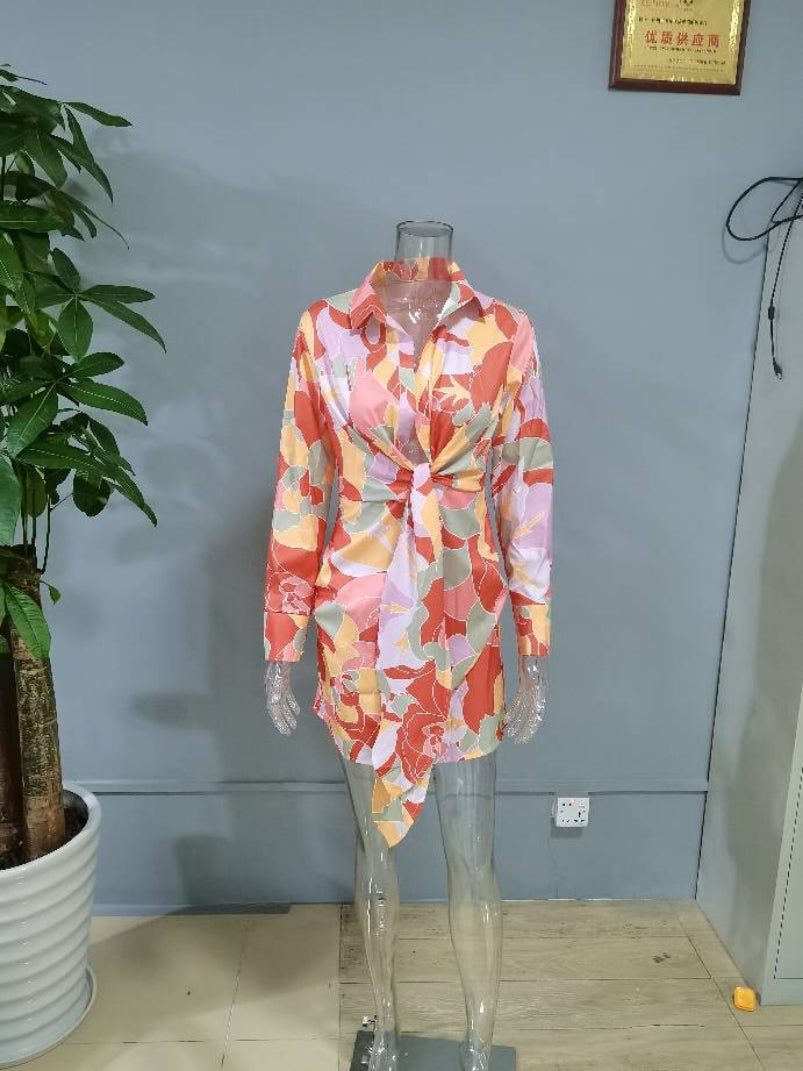 Robe Chemise à Manches Longues Boutonnée Série Imprimée Numérique pour Femmes Sexy