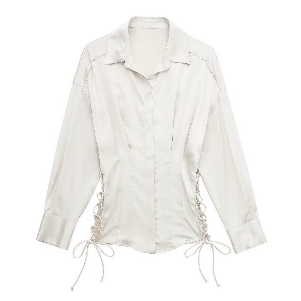 Chemisier en satin à manches longues et lacets pour femme coupe ajustée d'automne