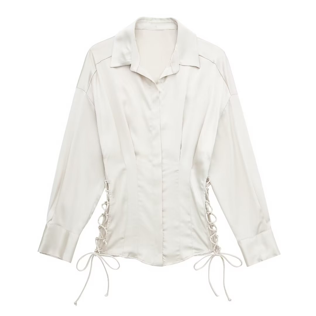Chemisier en satin à manches longues et lacets pour femme coupe ajustée d'automne