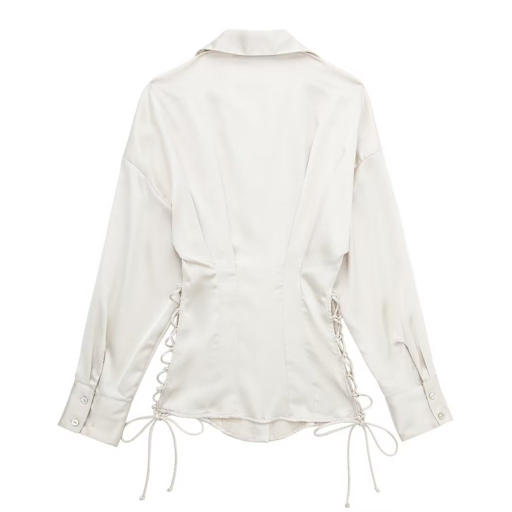 Chemisier en satin à manches longues et lacets pour femme coupe ajustée d'automne