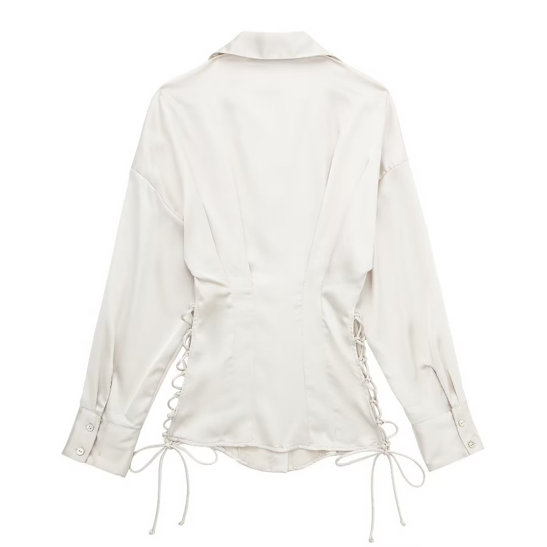 Chemisier en satin à manches longues et lacets pour femme coupe ajustée d'automne