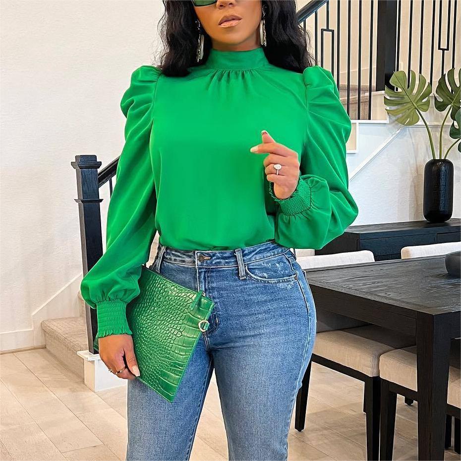 Vêtements Féminins Quatre Saisons Couleur Unie Col Montant Manches Bouffantes Haut à Lacets au Dos