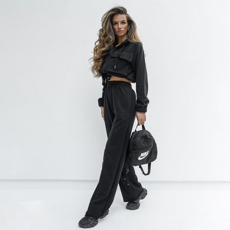 Ensemble Femme Automne Hiver Couleur Unie Fermeture Éclair Double Sac Cordon de Serrage Manches Longues Haut et Pantalon Décontracté