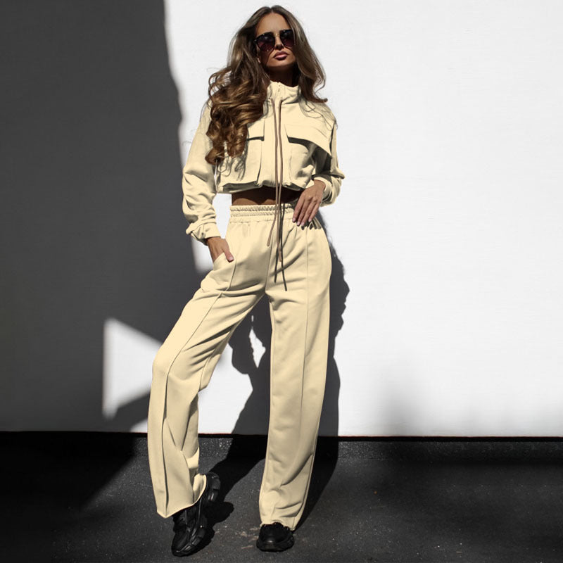 Ensemble Femme Automne Hiver Couleur Unie Fermeture Éclair Double Sac Cordon de Serrage Manches Longues Haut et Pantalon Décontracté