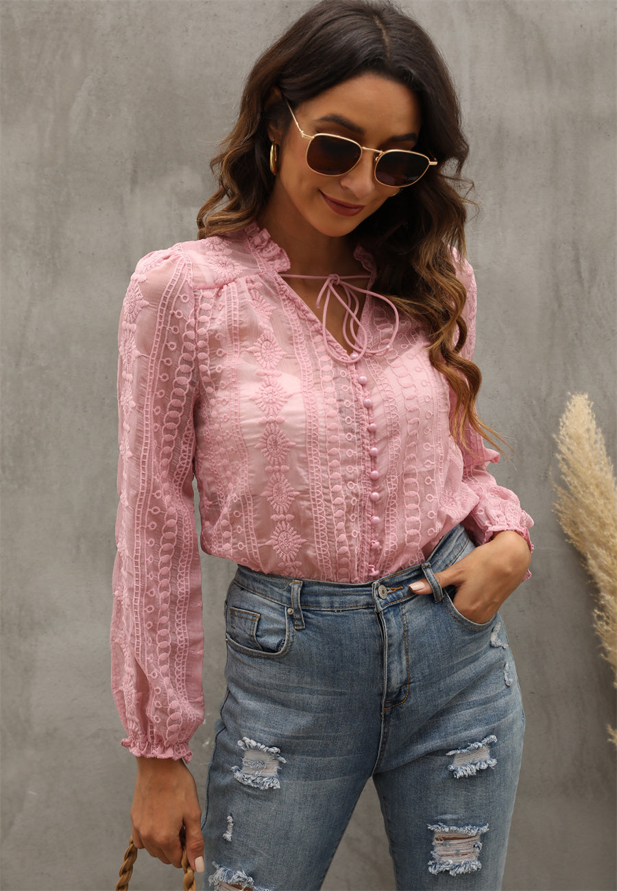 V-Ausschnitt Stickerei Blumen und Holzohren Langarmshirt Top Damen