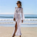Robe de plage sexy en maille découpée à manches longues, fendue, pour les vacances, blouse de maillot de bain, vêtement de protection solaire, crochet