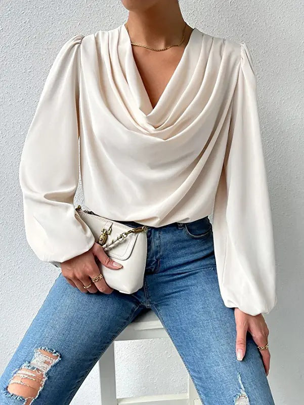 Chemisier à manches longues ample et drapé, Col en V, T-shirt, Vêtements pour femmes
