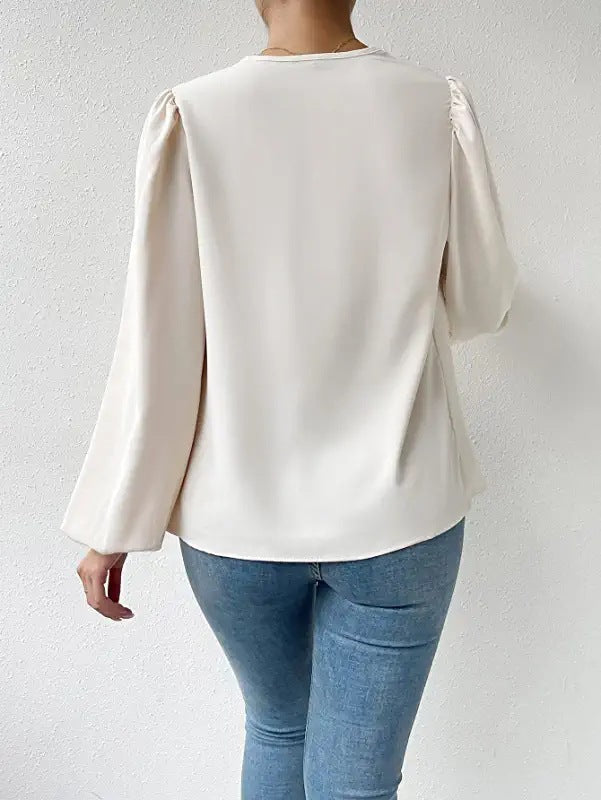 Chemisier à manches longues ample et drapé, Col en V, T-shirt, Vêtements pour femmes