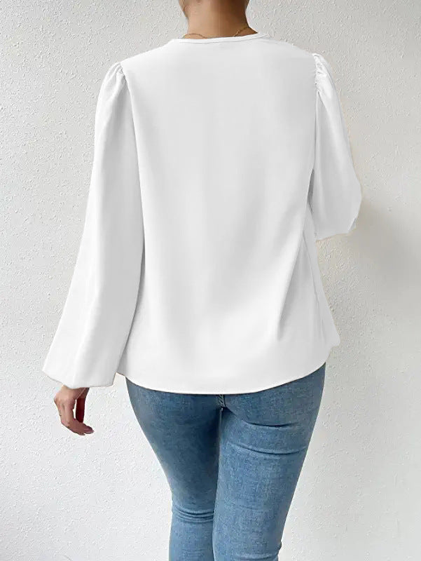 Chemisier à manches longues ample et drapé, Col en V, T-shirt, Vêtements pour femmes