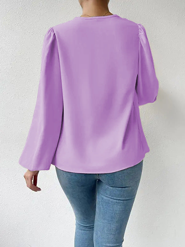 Chemisier à manches longues ample et drapé, Col en V, T-shirt, Vêtements pour femmes