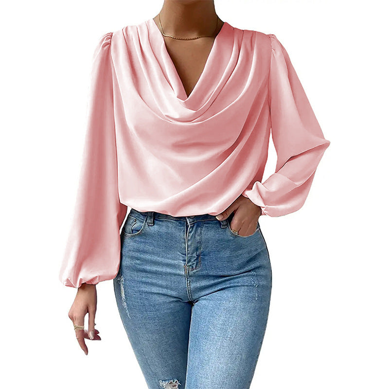 Chemisier à manches longues ample et drapé, Col en V, T-shirt, Vêtements pour femmes