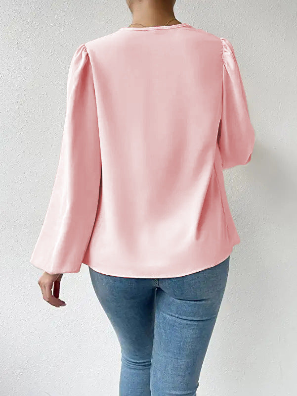 Chemisier à manches longues ample et drapé, Col en V, T-shirt, Vêtements pour femmes
