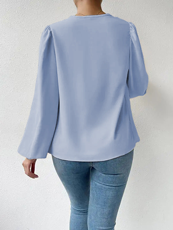 Chemisier à manches longues ample et drapé, Col en V, T-shirt, Vêtements pour femmes