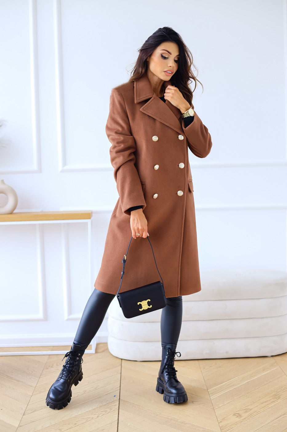 Manteau en laine croisé à col et manches longues pour femmes, collection automne-hiver, modèle simplicité