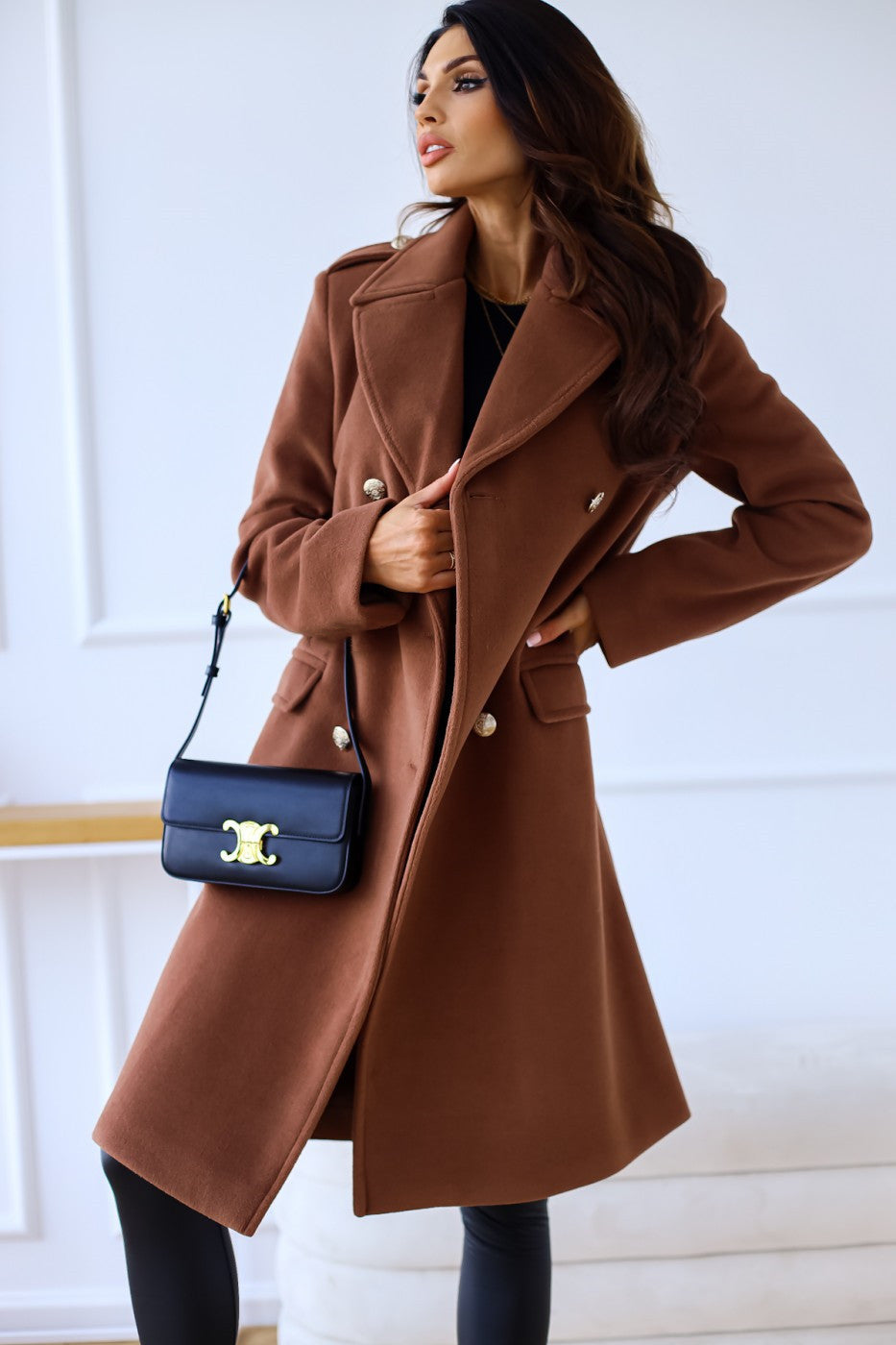 Manteau en laine croisé à col et manches longues pour femmes, collection automne-hiver, modèle simplicité