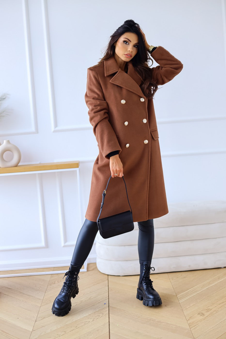 Manteau en laine croisé à col et manches longues pour femmes, collection automne-hiver, modèle simplicité