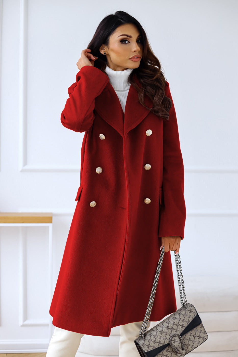 Manteau en laine croisé à col et manches longues pour femmes, collection automne-hiver, modèle simplicité