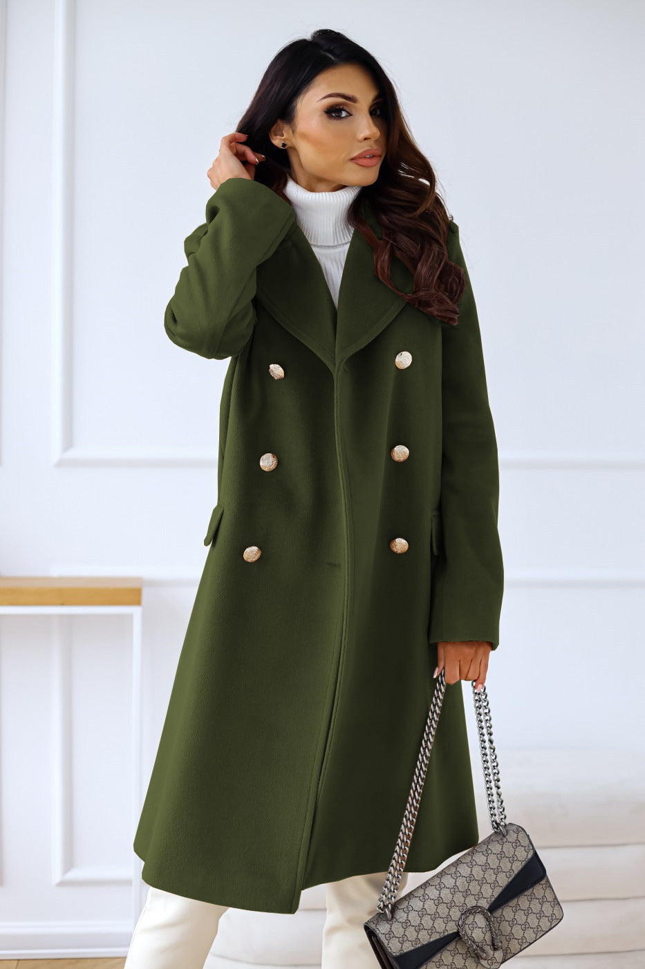 Manteau en laine croisé à col et manches longues pour femmes, collection automne-hiver, modèle simplicité