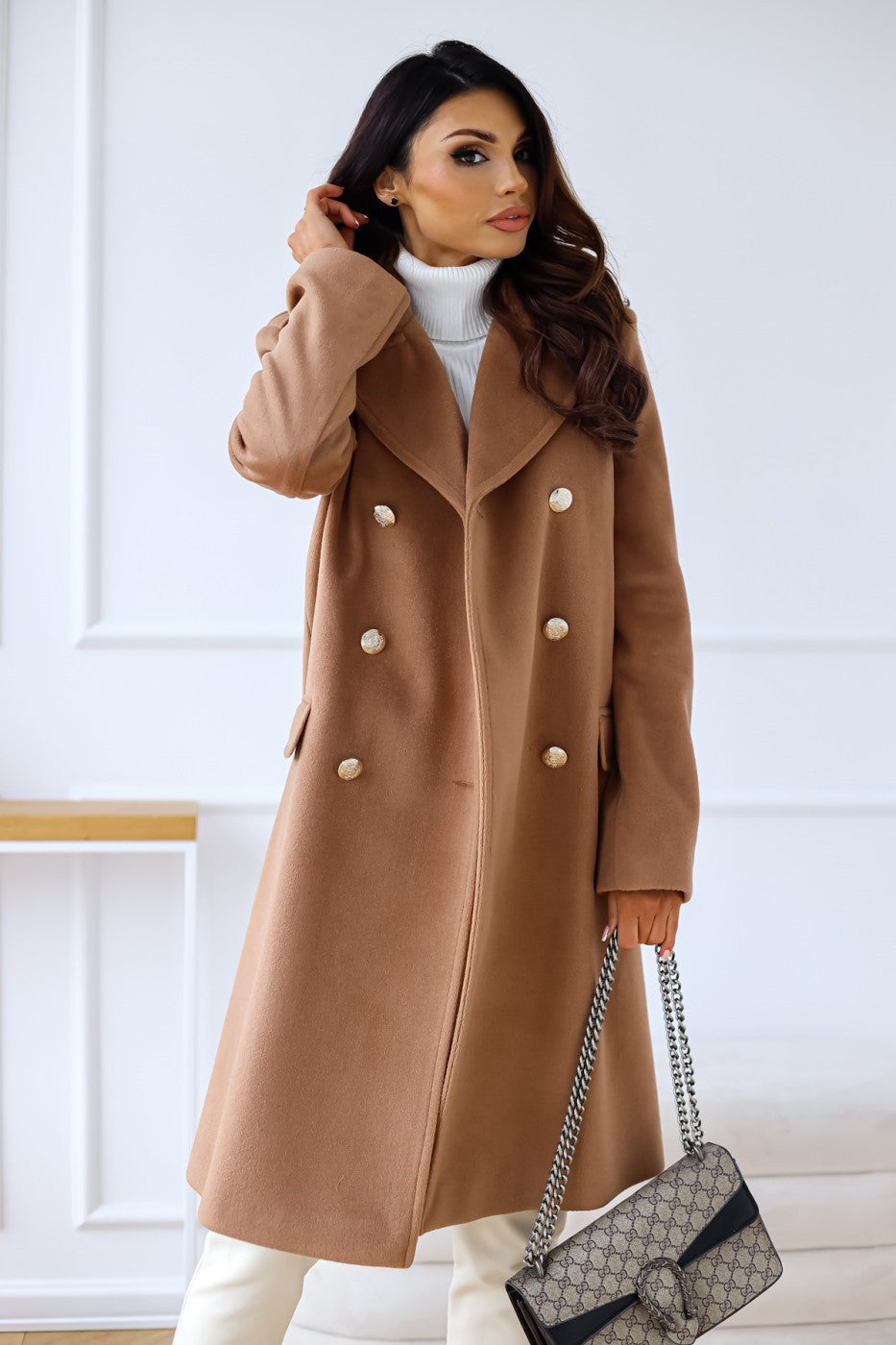 Manteau en laine croisé à col et manches longues pour femmes, collection automne-hiver, modèle simplicité