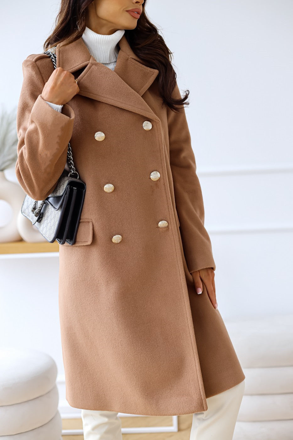 Manteau en laine croisé à col et manches longues pour femmes, collection automne-hiver, modèle simplicité