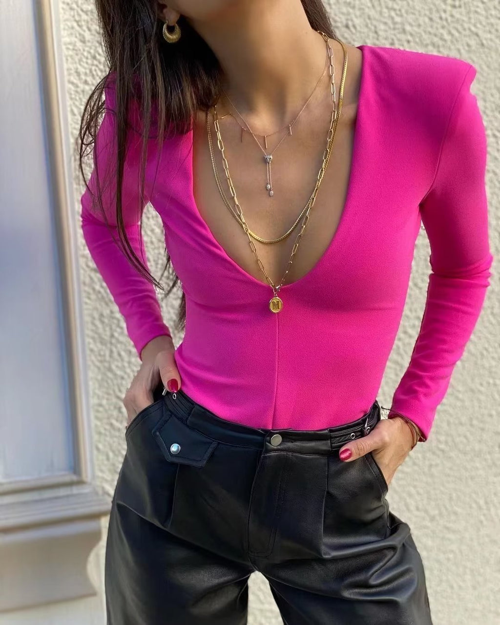 Vêtements Femme Sexy Quatre Couleurs Col Plongeant Profond Épaulettes Rembourrées Body Moulant Intérieur