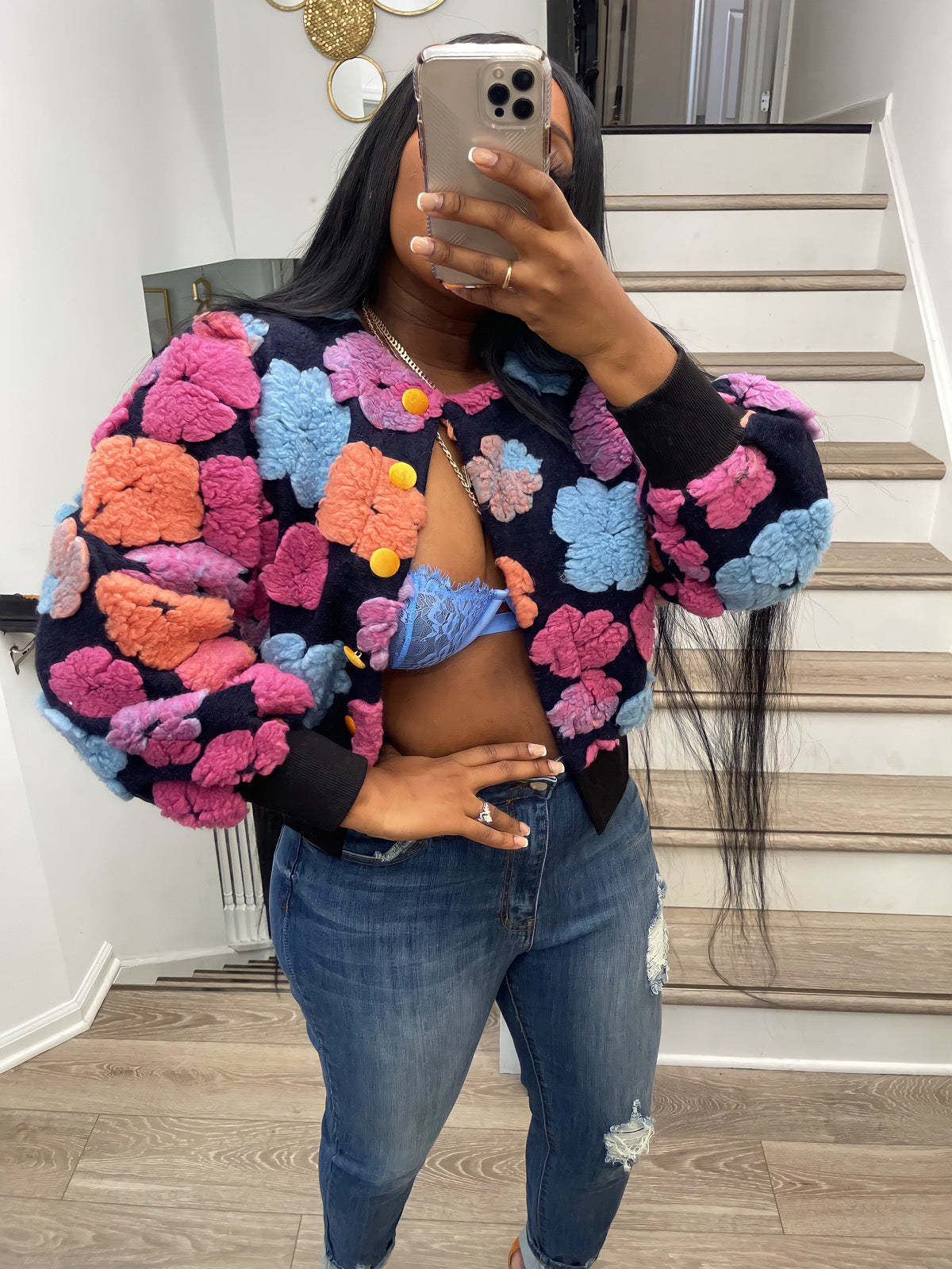 Cardigan court ample boutonné à motif floral tridimensionnel rétro pour femme - Collection Automne Hiver - Tendance Femme Rose 3D