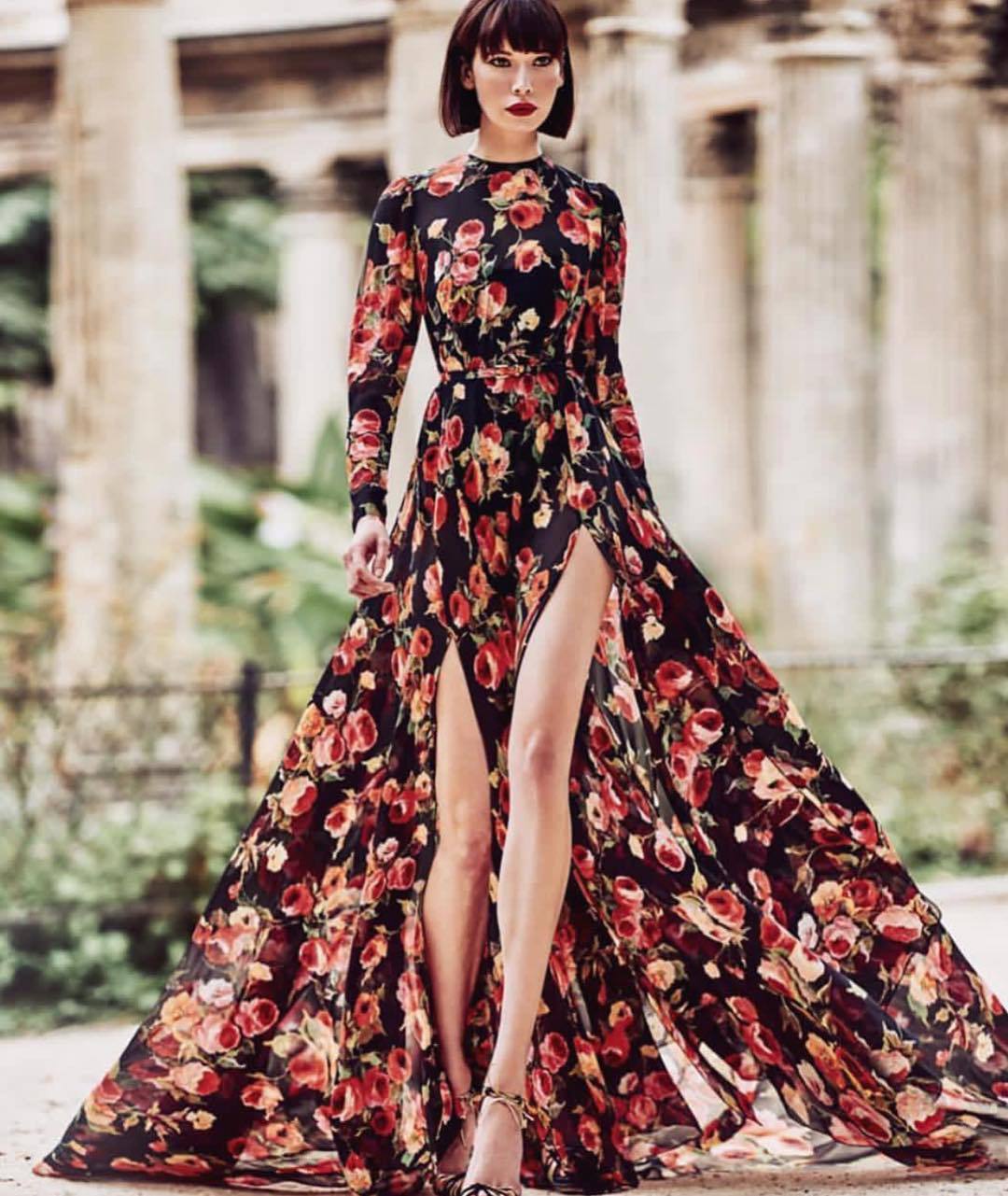 Damenbekleidung Druck Große Schwingkleid Schlitz Modisches Maxikleid Strandkleid