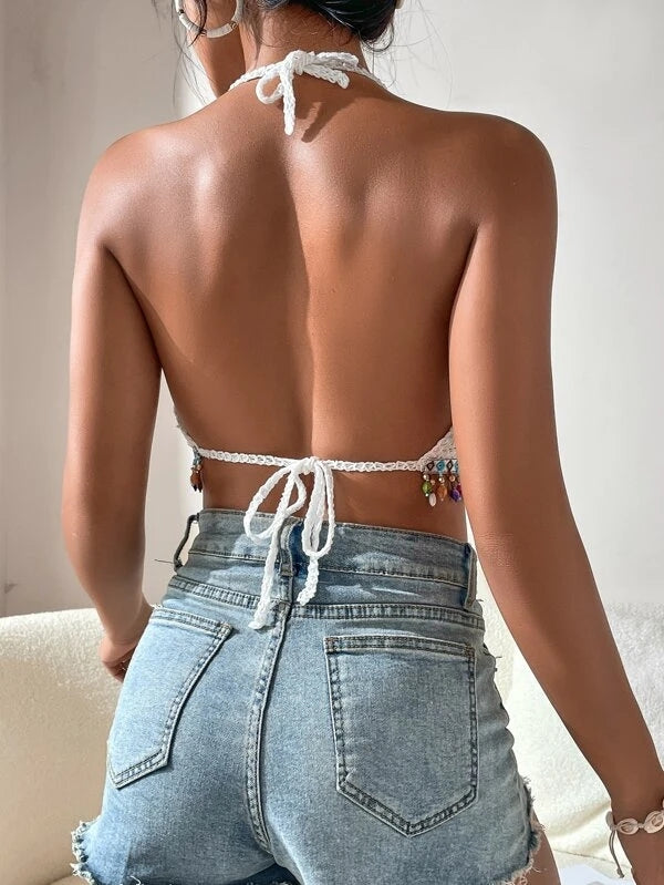 Damen Sommerurlaub Unifarben Gehäkelt Fransen Crop Cami Häkelnadel