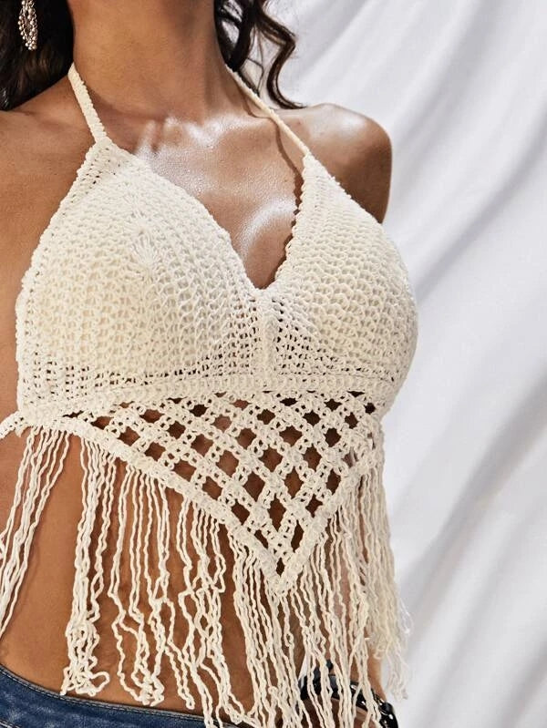 Haut court sexy à franges en crochet solide pour femmes, idéal pour les vacances d'été.