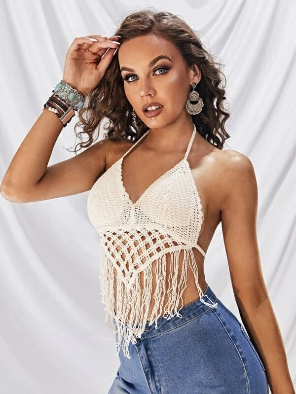 Haut court sexy à franges en crochet solide pour femmes, idéal pour les vacances d'été.
