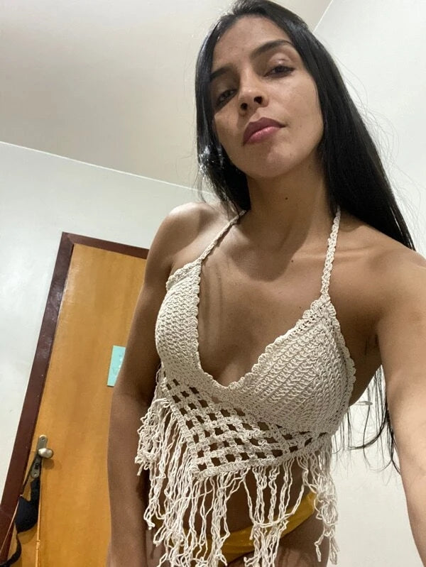 Haut court sexy à franges en crochet solide pour femmes, idéal pour les vacances d'été.