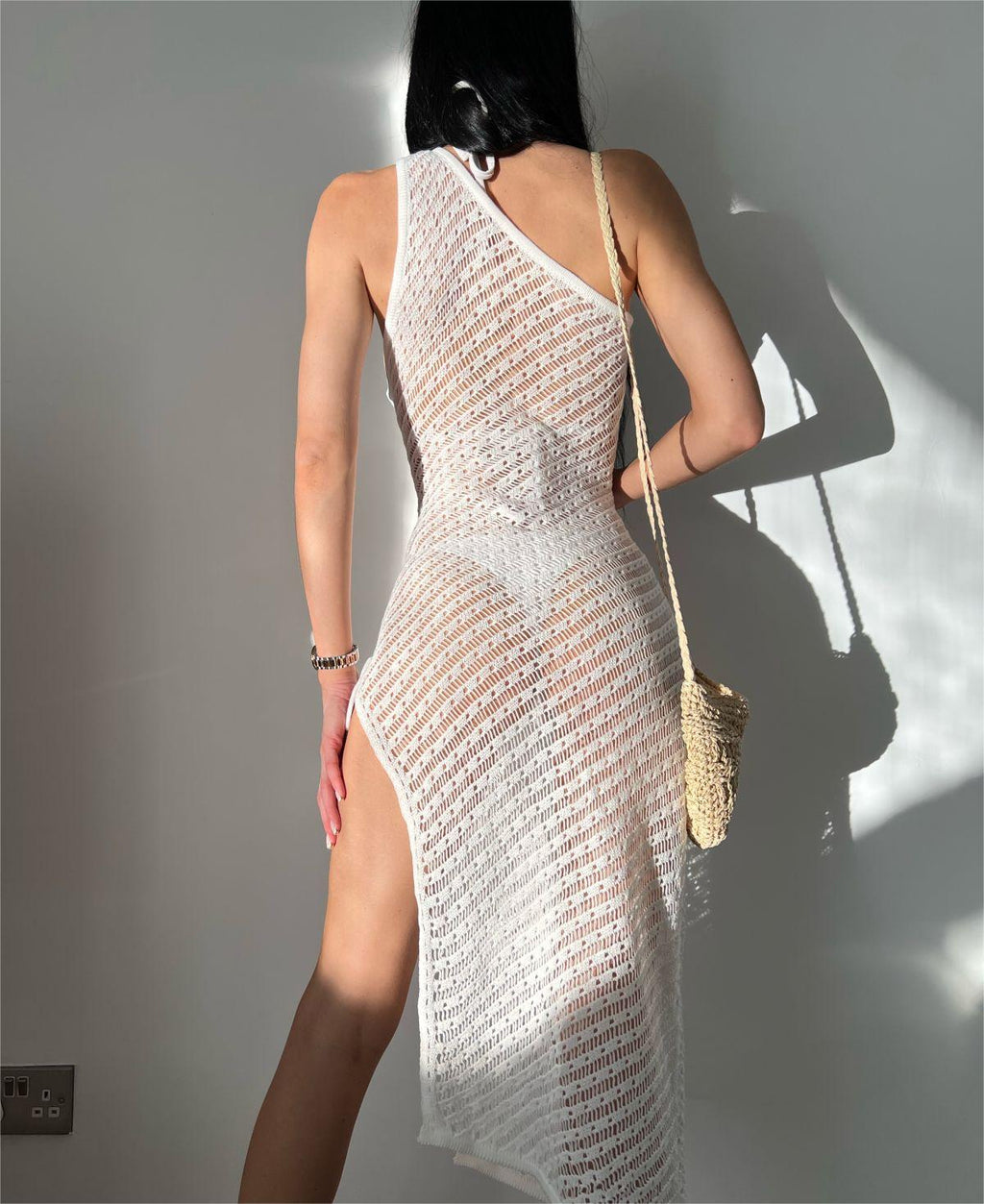 Sexy gestrickter, ausgehöhlter, geschlitzter Strand-Bikini-Überwurf für Damen, transparent, Maxi