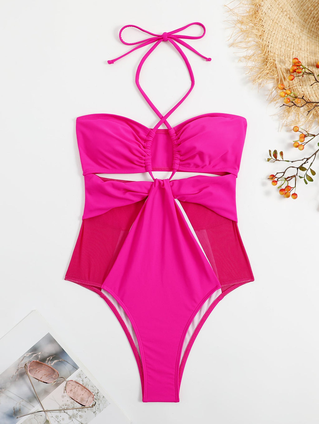 Einfarbiger Einteiler Damen Badeanzug Mesh-Naht Rosenrot Aushöhlung Ausgeschnitten Siamesischer Bikini