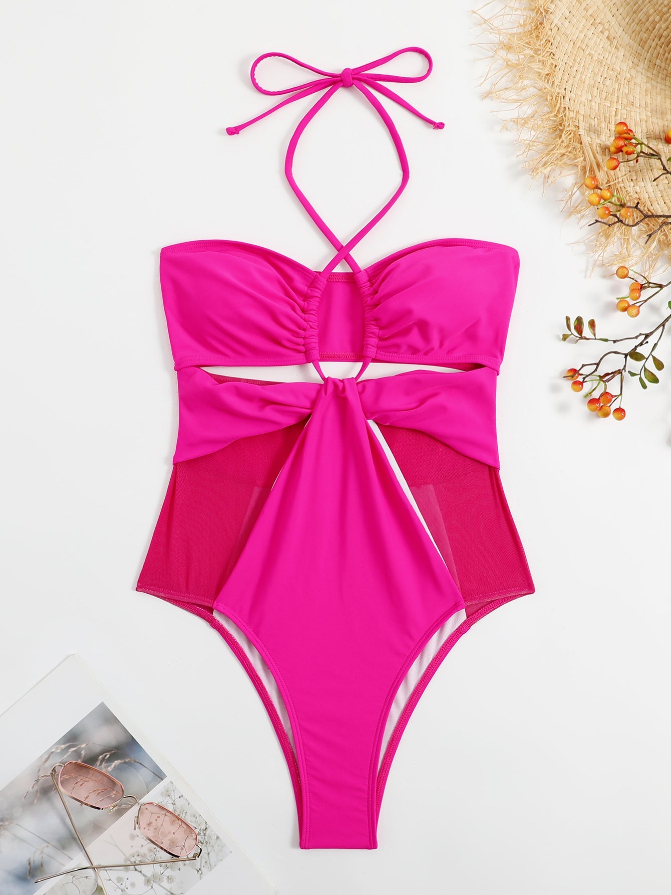 Einfarbiger Einteiler Damen Badeanzug Mesh-Naht Rosenrot Aushöhlung Ausgeschnitten Siamesischer Bikini