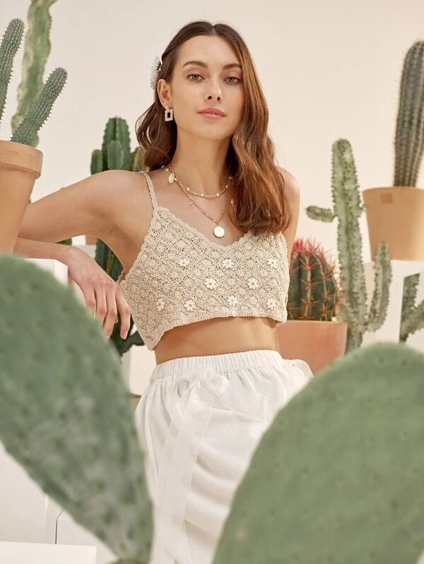Haut court sans manches en crochet floral uni pour femme, idéal pour les vacances d'été. Crochet.