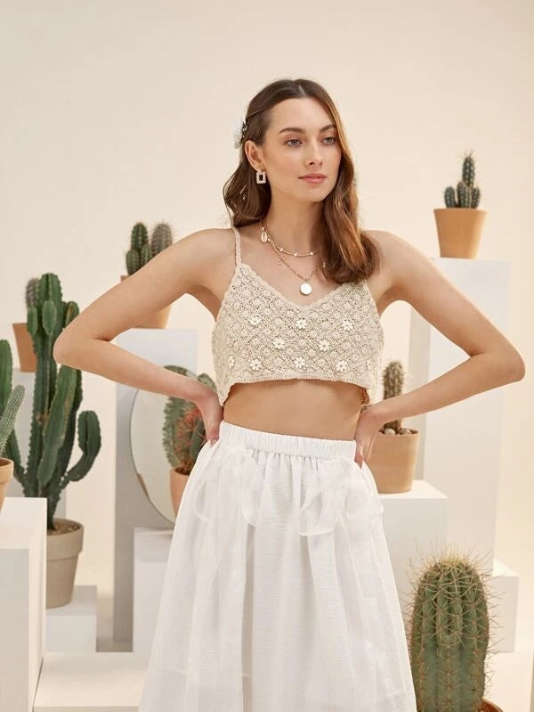 Haut court sans manches en crochet floral uni pour femme, idéal pour les vacances d'été. Crochet.