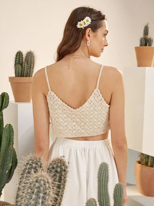 Haut court sans manches en crochet floral uni pour femme, idéal pour les vacances d'été. Crochet.