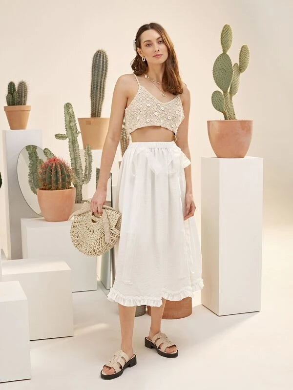 Haut court sans manches en crochet floral uni pour femme, idéal pour les vacances d'été. Crochet.