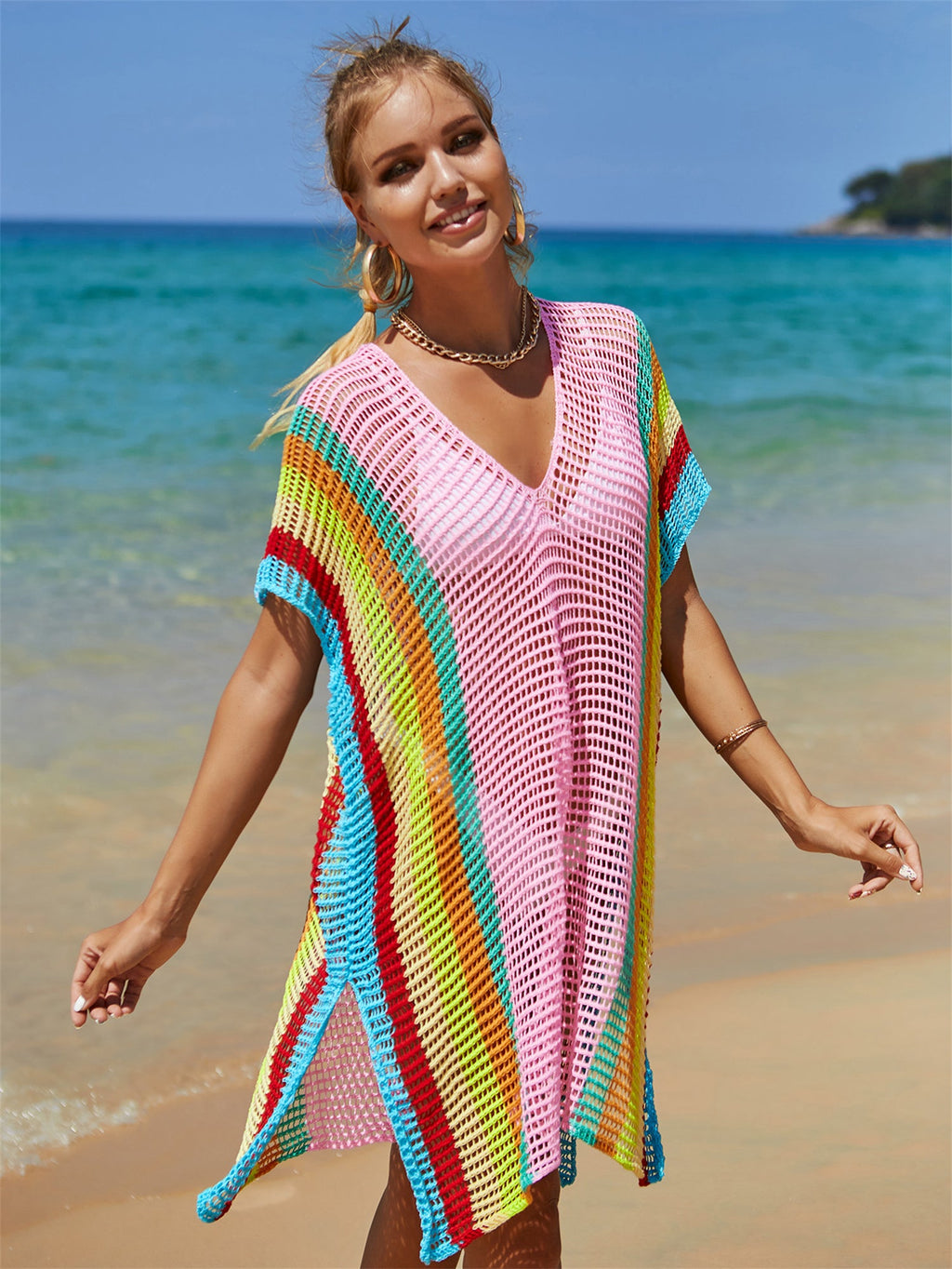 Chemisier de plage d'été en maille creuse avec découpes, multicolore, pour les vacances, cache-maillot, protection solaire pour femmes