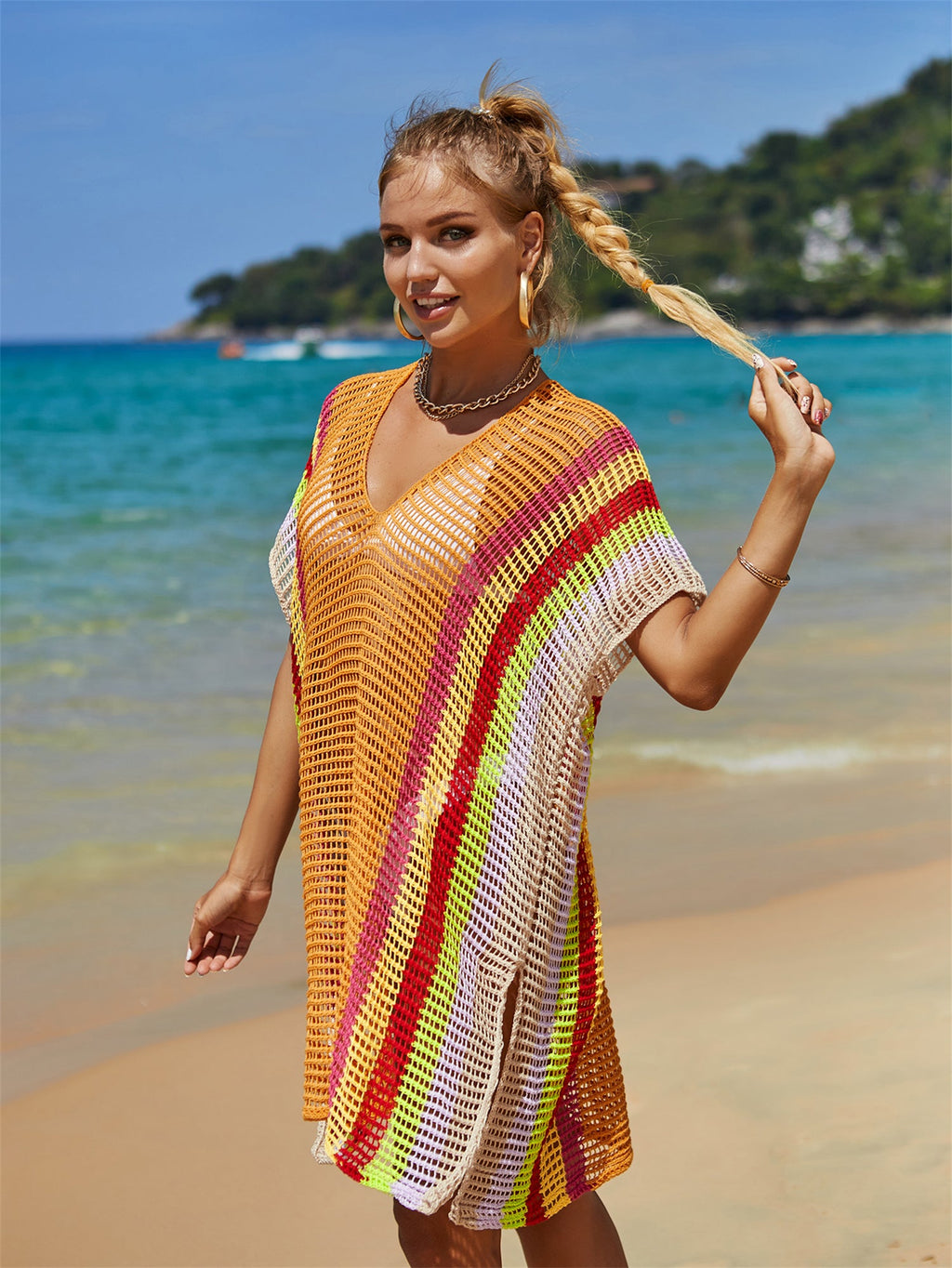 Chemisier de plage d'été en maille creuse avec découpes, multicolore, pour les vacances, cache-maillot, protection solaire pour femmes