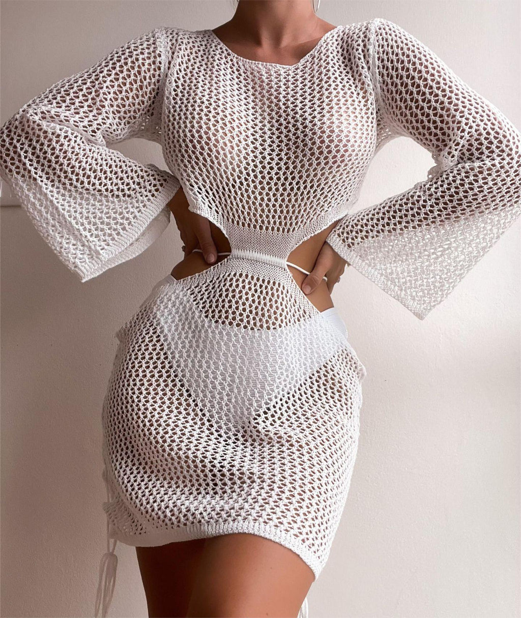 Robe de plage tricotée sexy ajourée avec découpes, manches longues, bikini, décontractée, de vacances, protection solaire