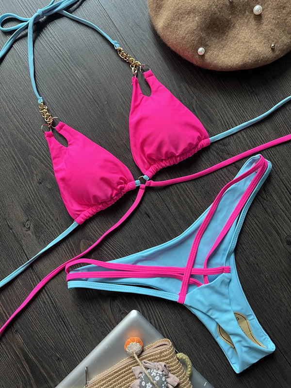 Ankunft Bikini Kette Sexy rückenfreier geteilter Badeanzug Nylon Farblich passender Bikini