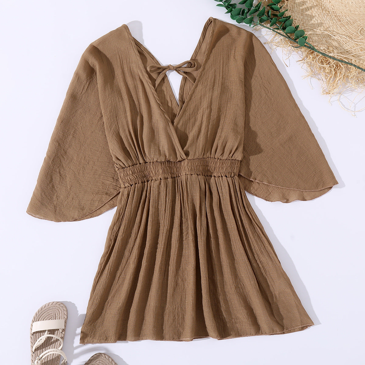 Sommer Bikini Strandkleid Sonnenschutz am Meer V-Ausschnitt Tailliert Langarm Rückenfreie Bluse Damen