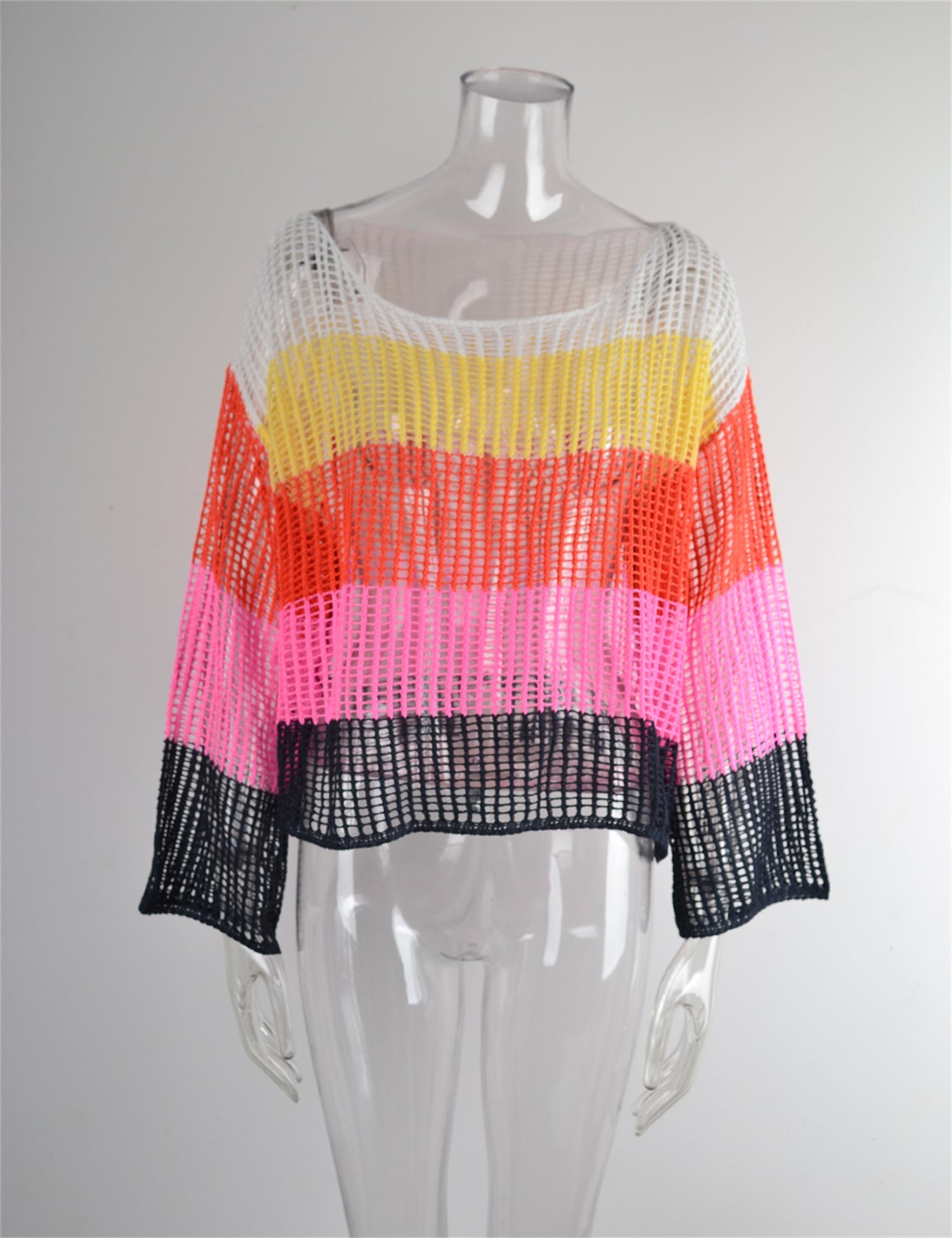 Chemisier d'été ajouré Tricot de vacances Manches longues Surchemise de protection solaire Chemise arc-en-ciel