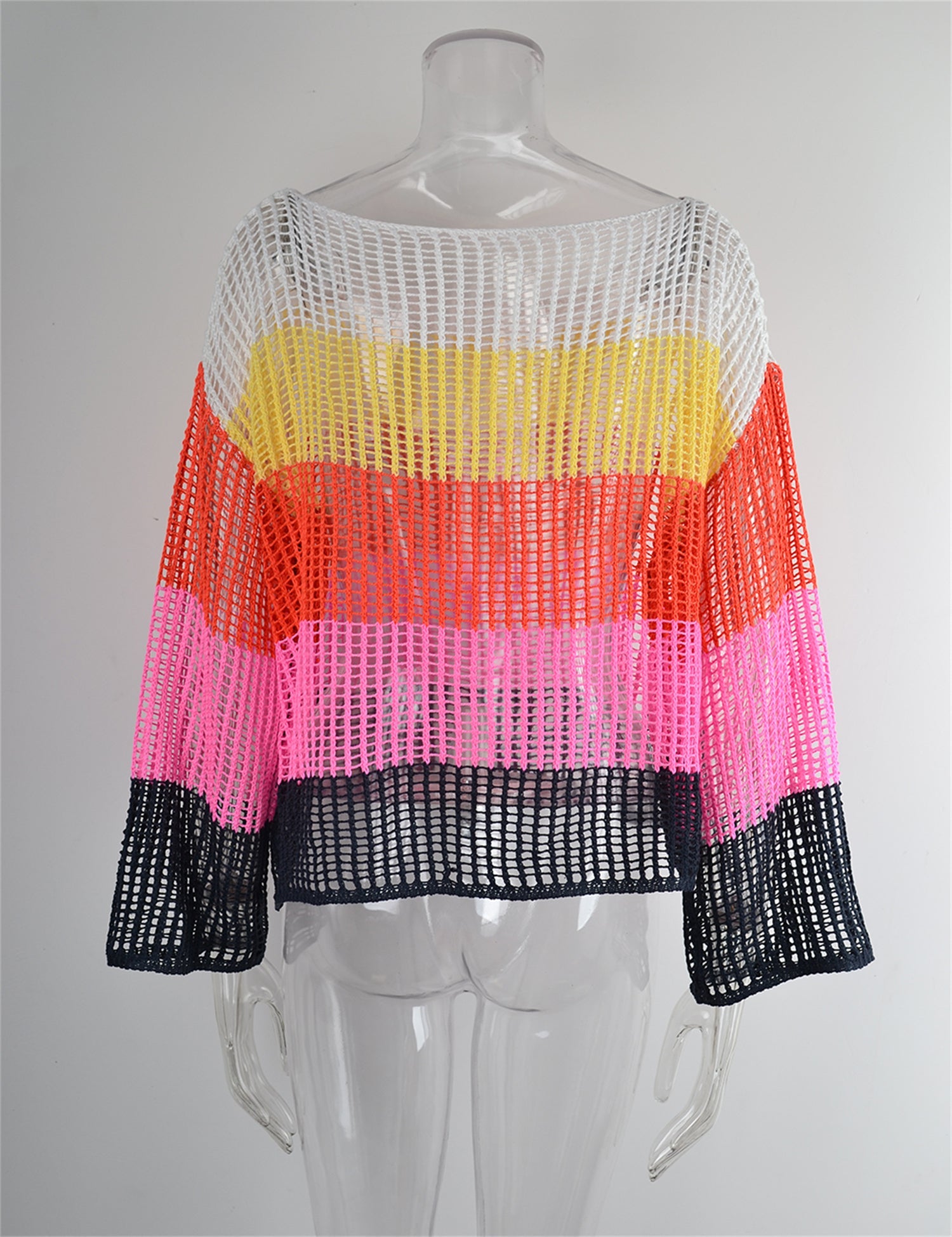 Chemisier d'été ajouré Tricot de vacances Manches longues Surchemise de protection solaire Chemise arc-en-ciel